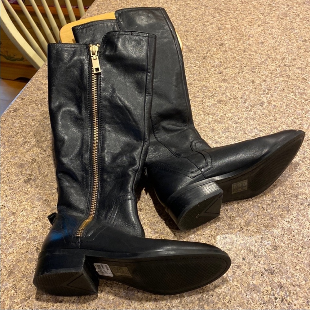 Aldo Mihaela Tall Black Leather Knee High Boots Gold Zippers 7 Small Heel